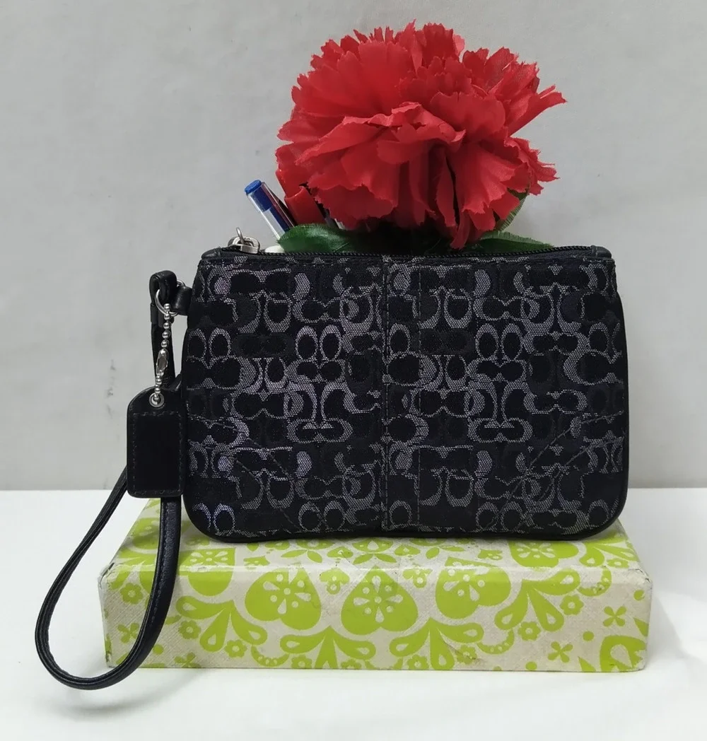 Coach Signature Black Canvas Zipper Closure Wristlet - Coin Wallet